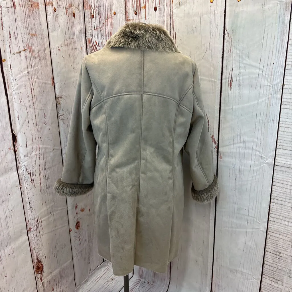 CHICOS TAUPE FAUX SUEDE AND FUR LONG COAT SIZE 3 TC3