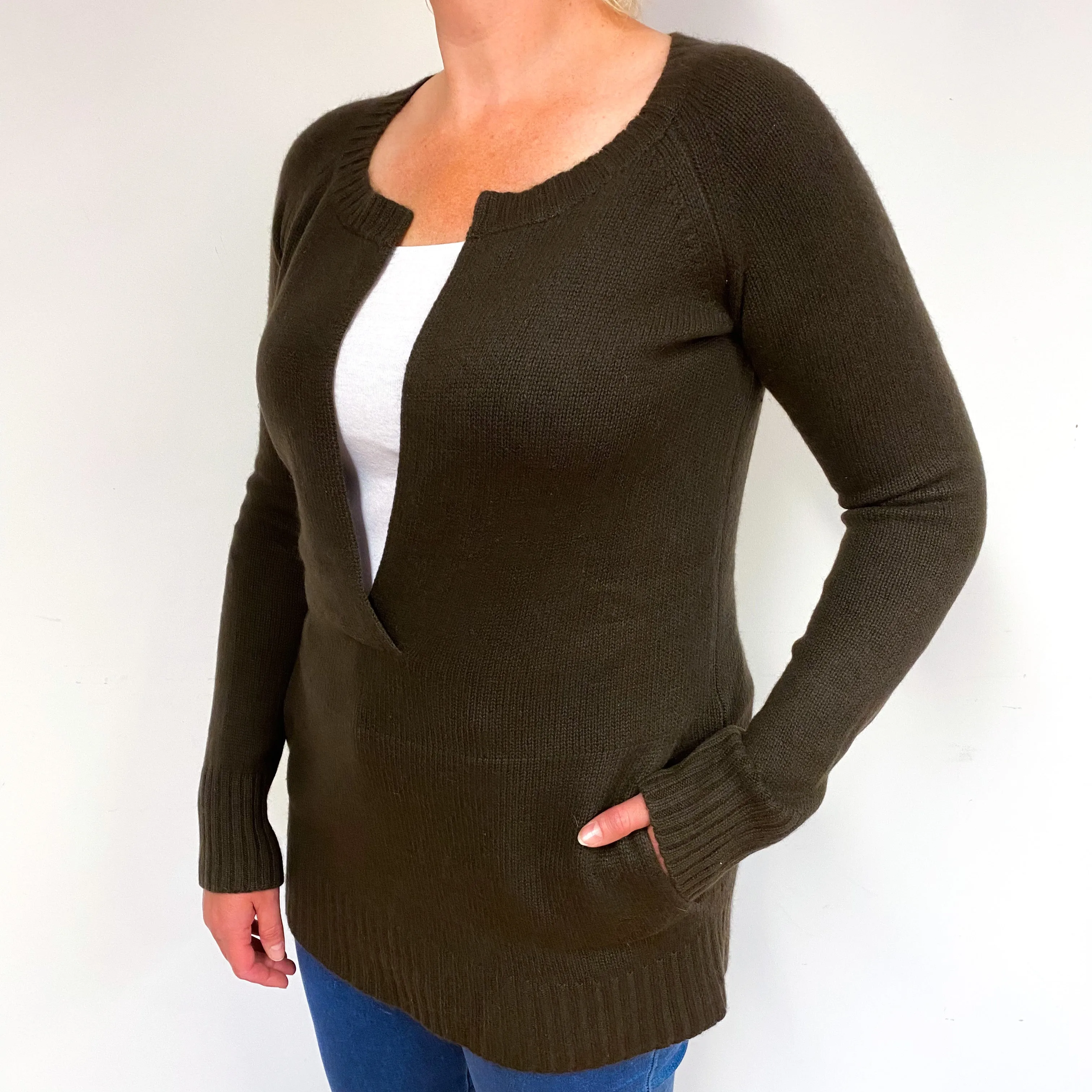 Chocolate Brown Chunky Cashmere Low V-Neck Jumper Large