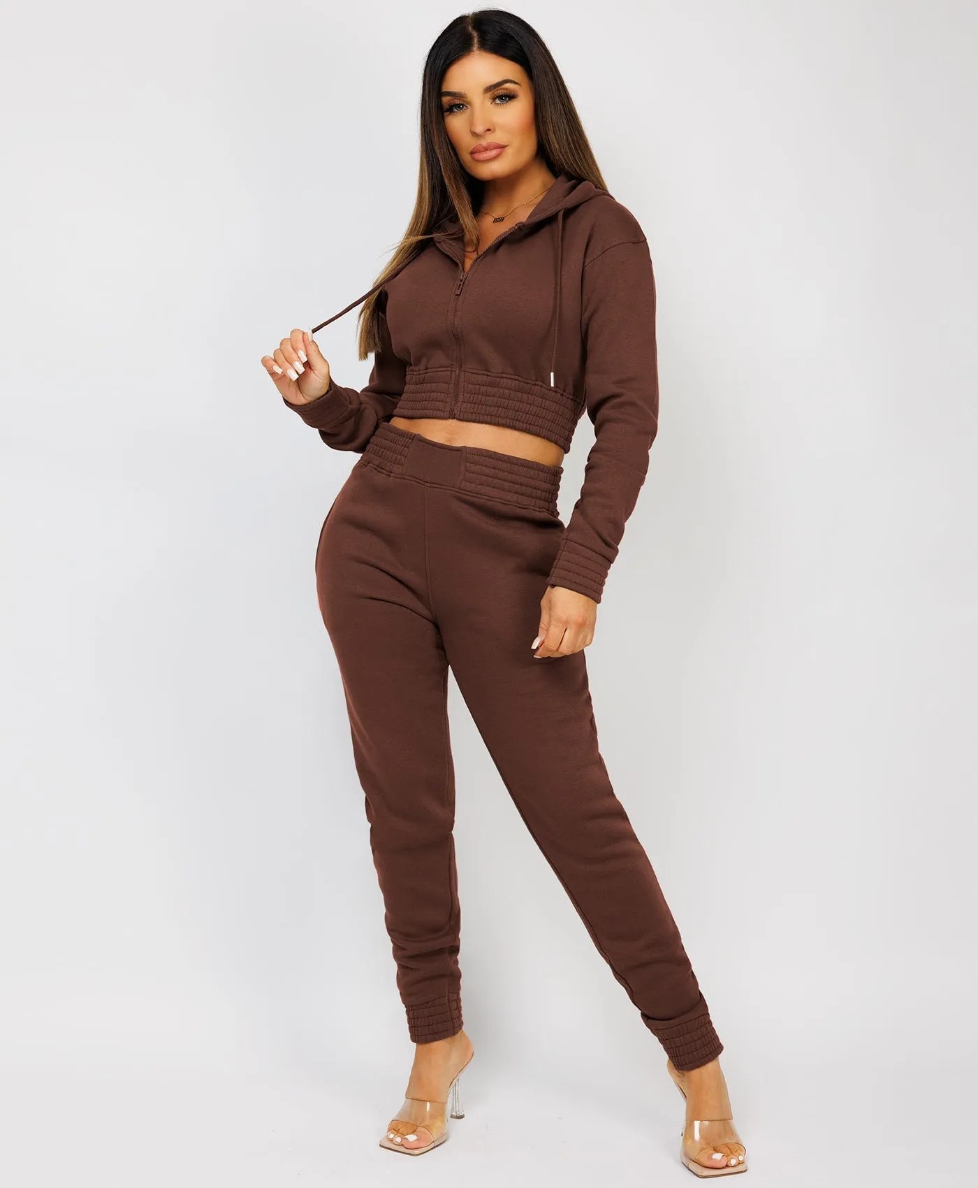 Chocolate Brown Zipped Cropped Hooded Tracksuit Loungewear Set