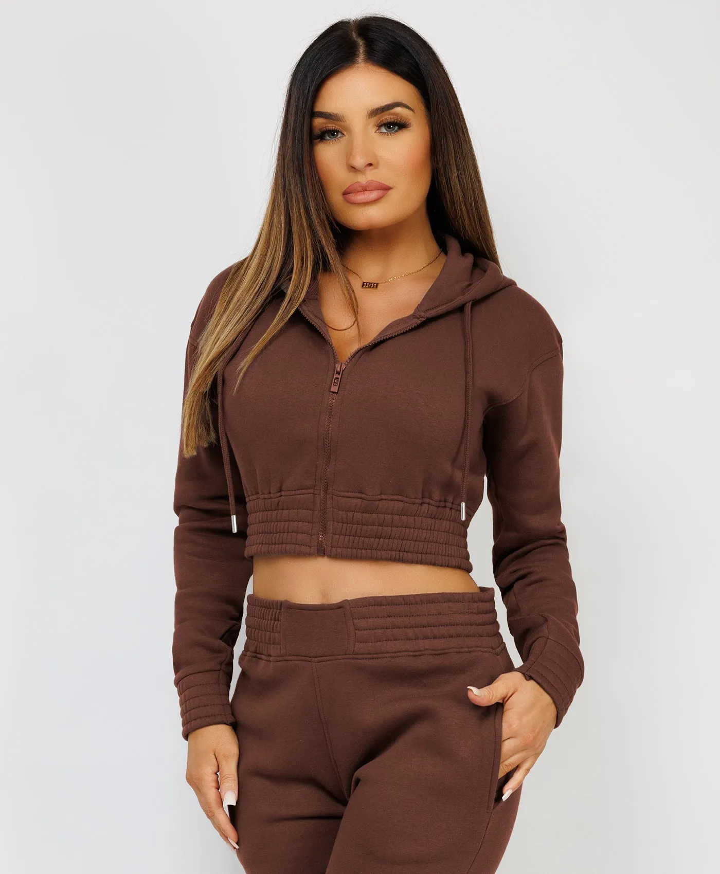 Chocolate Brown Zipped Cropped Hooded Tracksuit Loungewear Set