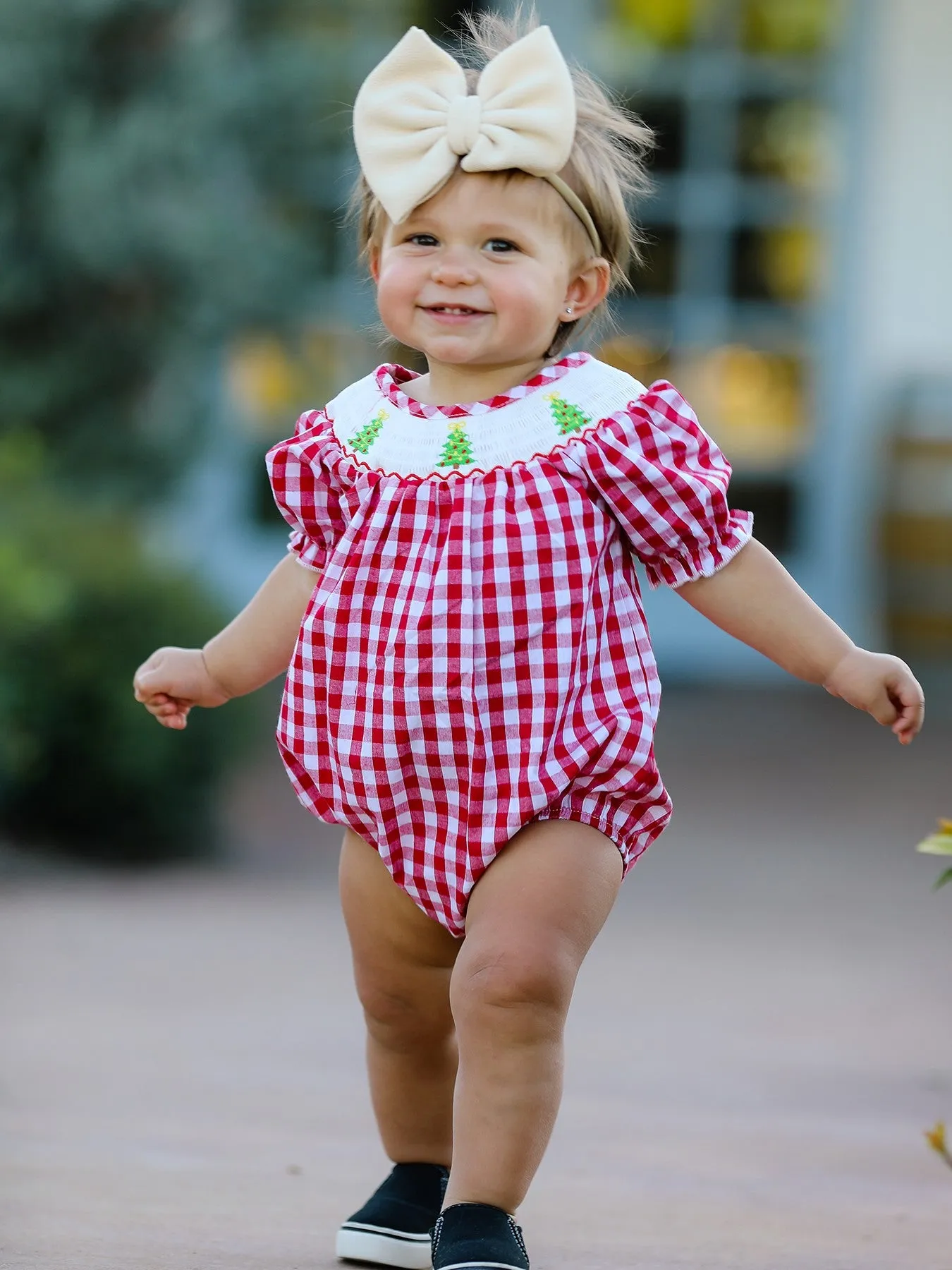 Christmas Tree Smocking Embroidered Girls Romper