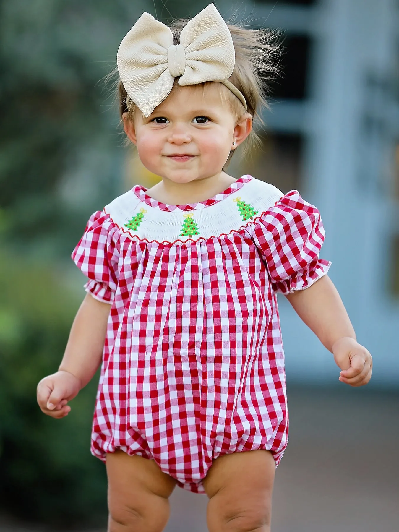 Christmas Tree Smocking Embroidered Girls Romper