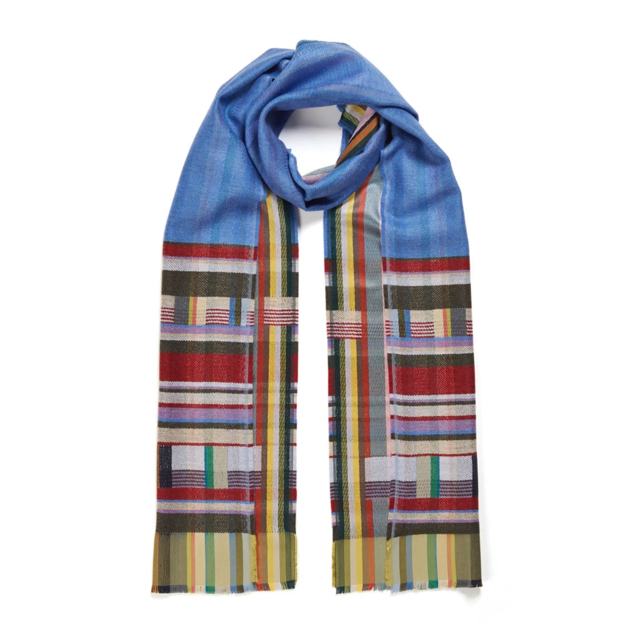 Cobalt Blue Striped Silk Lambswool Scarf