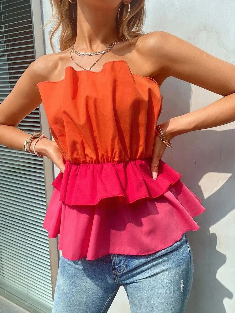 Colorblock Tiered Layer Peplum Tube Top