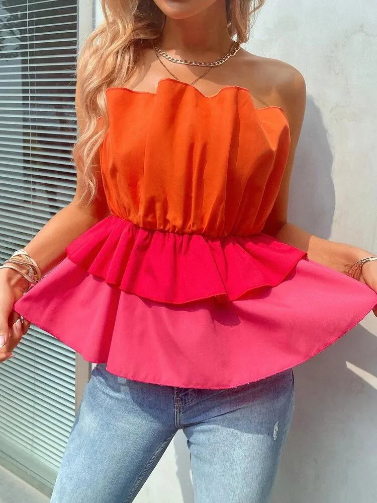 Colorblock Tiered Layer Peplum Tube Top