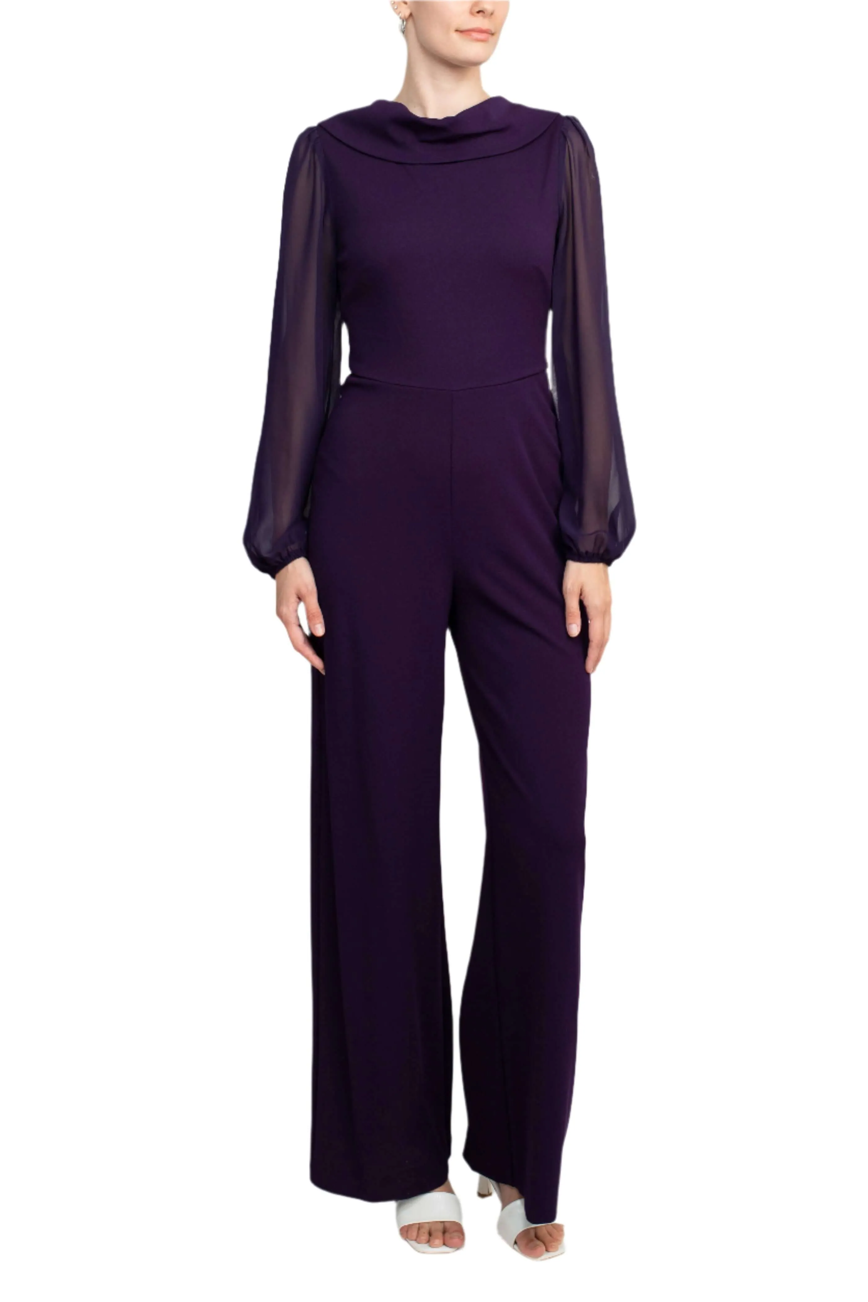 Connected Apparel Popover Neck Chiffon Long Sleeve Zipper Back Solid Jumpsuit