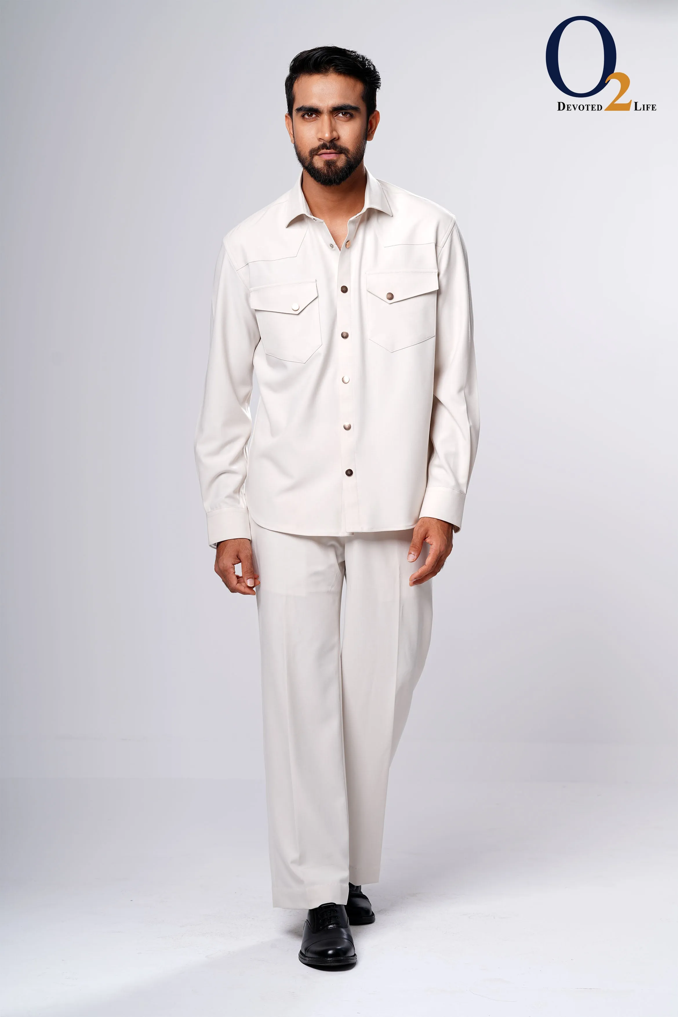 Cream Solid Safari Suit