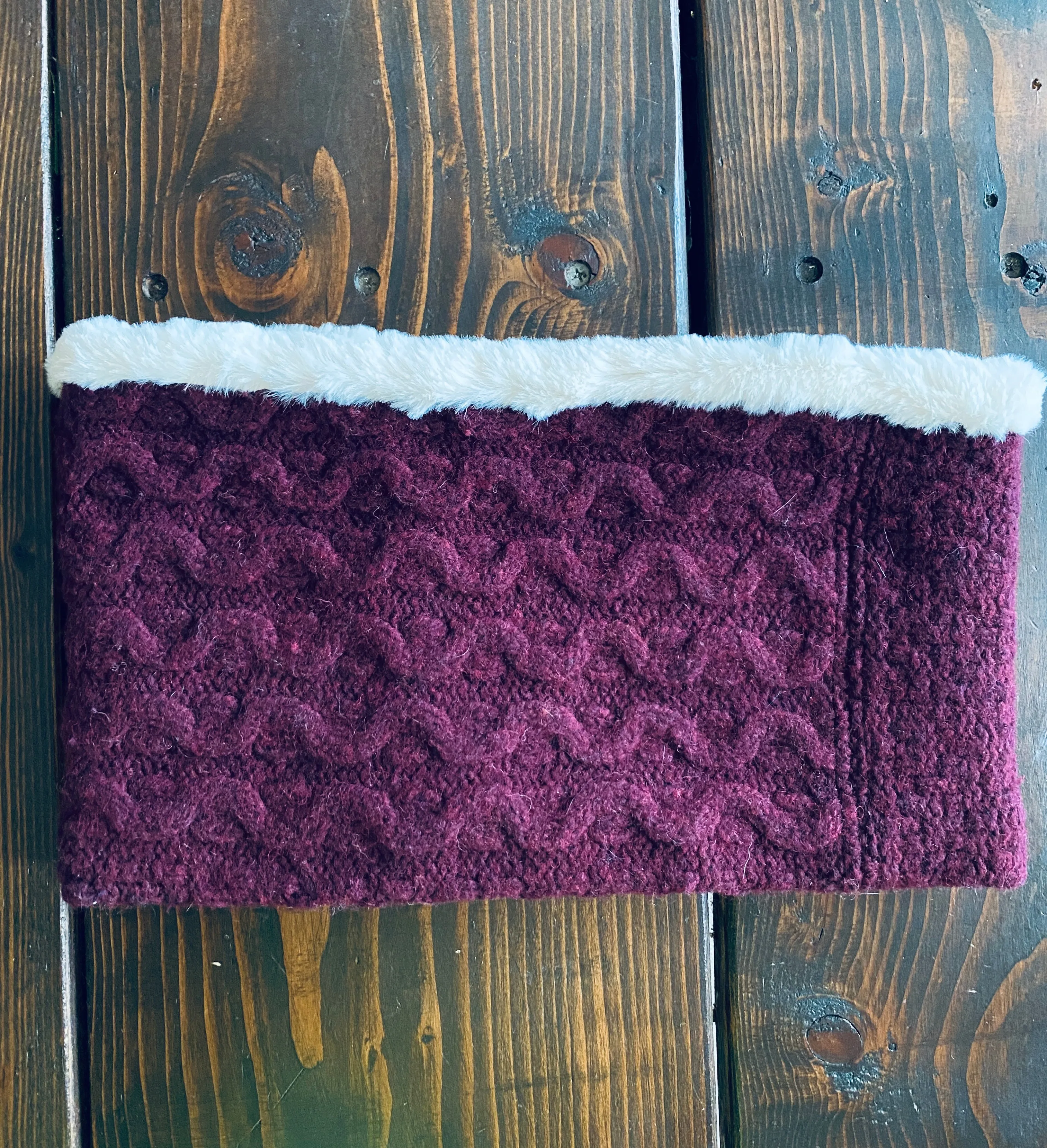 C.R.Woolie upcycled faux fur lined cowl cable texture burgundy maroon wine cream slow fashion