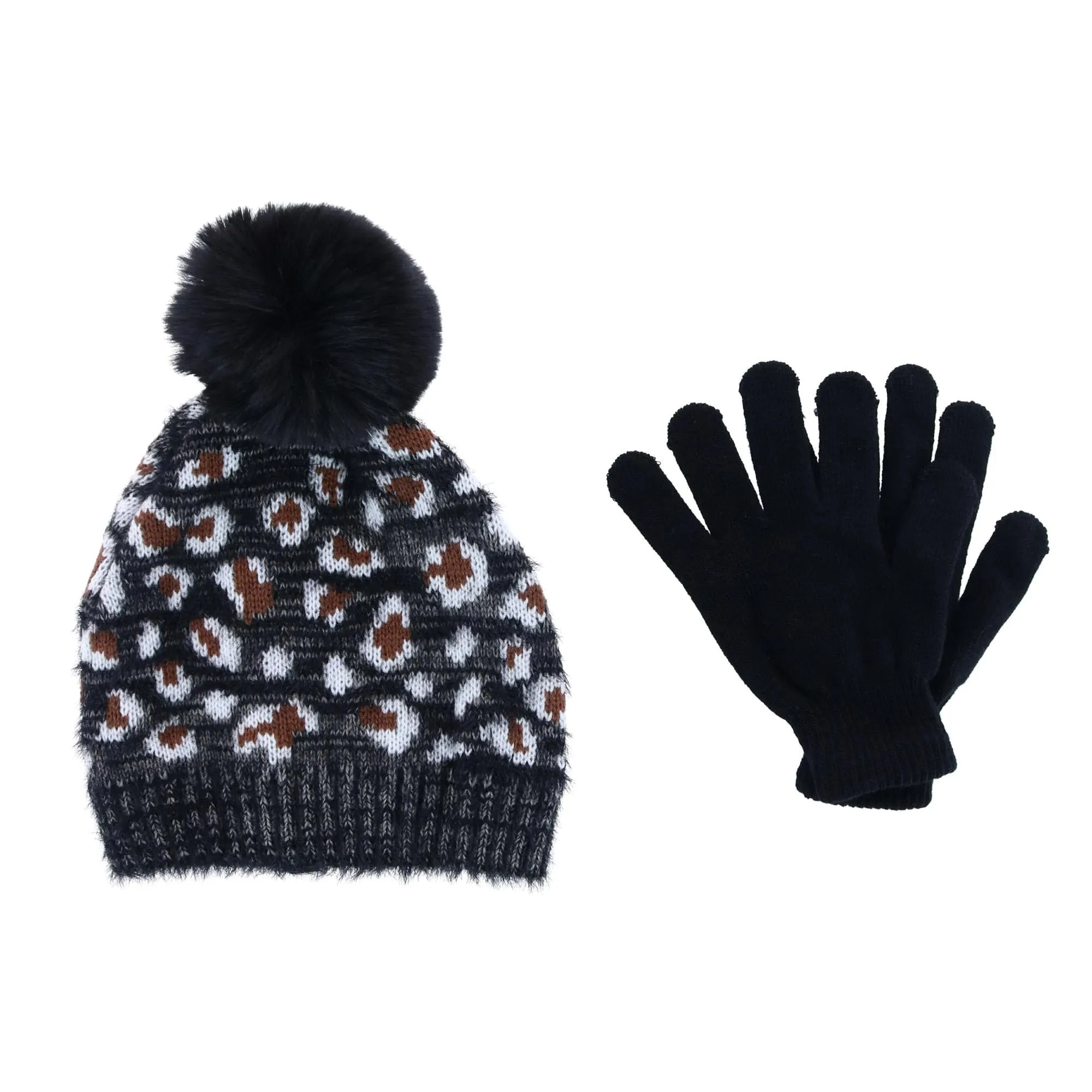 CTM® Girl's 7-14 Leopard Print Winter Pom Hat and Glove Set by Connex Gear