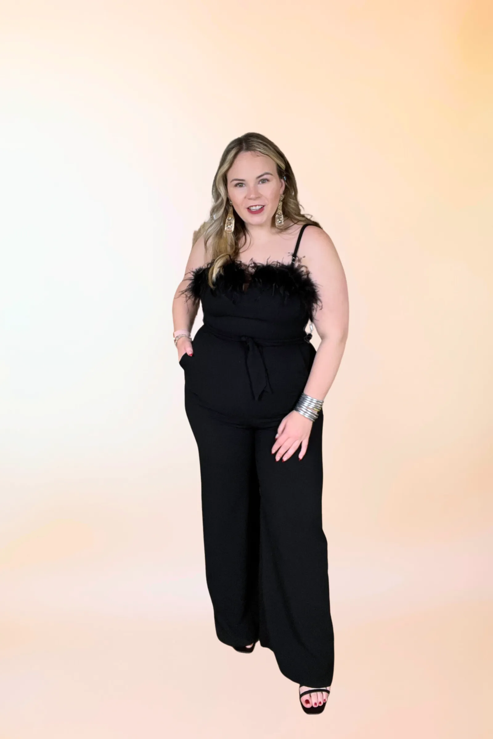 Cue The Lights Feather Jumpsuit with Waist Tie in Black