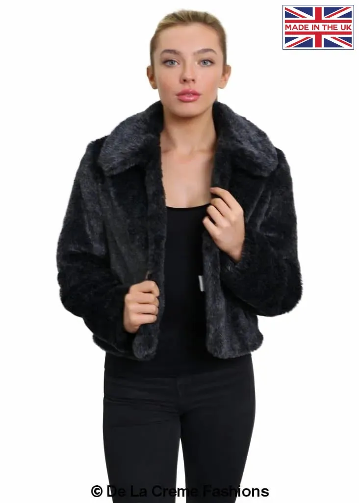 De La Creme Womens Faux Fur Cropped Aviator Bomber