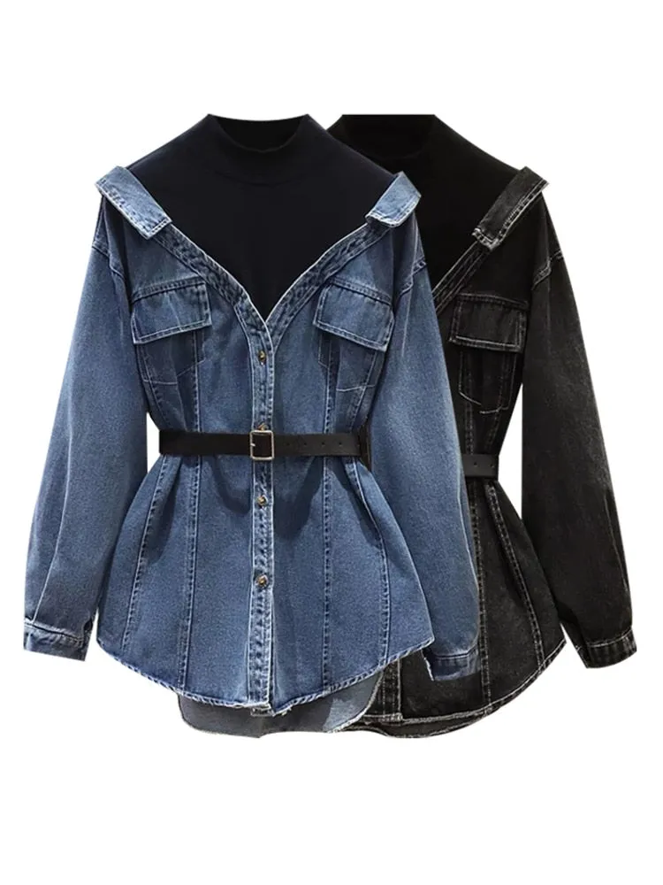 Denim Lapel Patchwork Pocket Single Breasted Belt Fake Two Piece Shirt