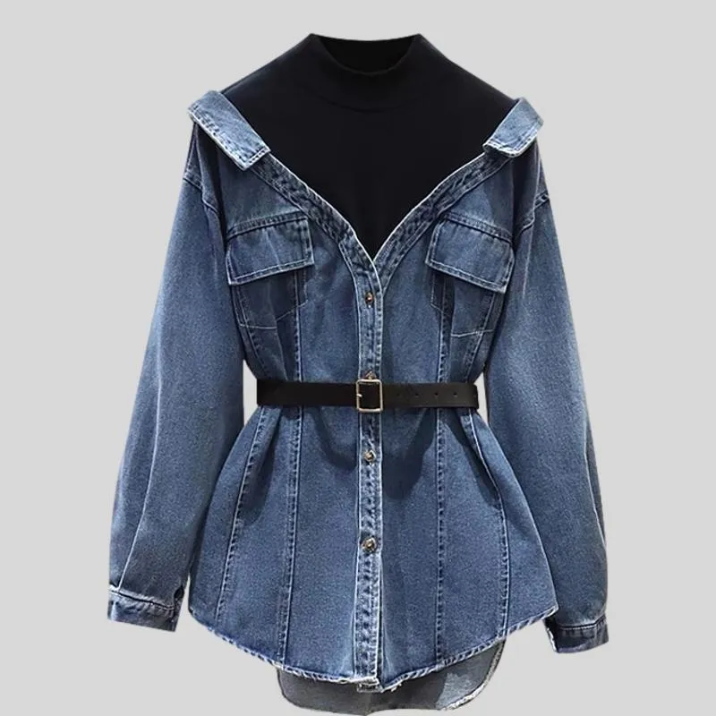 Denim Lapel Patchwork Pocket Single Breasted Belt Fake Two Piece Shirt