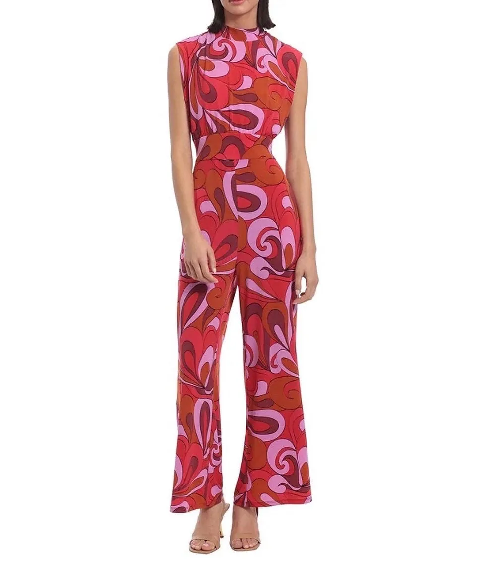 Donna Morgan Printed Stretch Mock Neck Keyhole Tie Back Sleeveless Jumpsuit