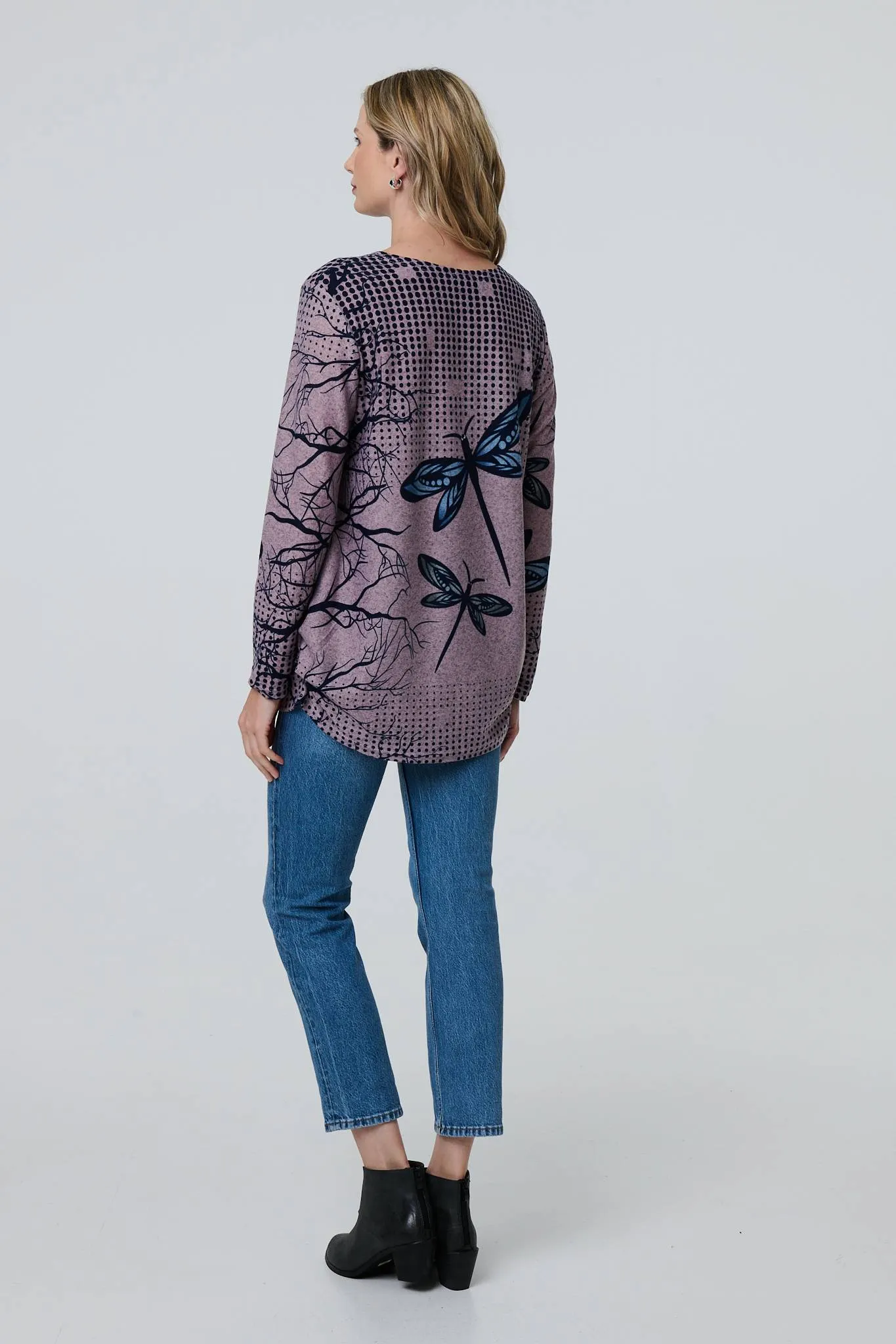 Dragonfly Print Long Sleeve Tunic Top