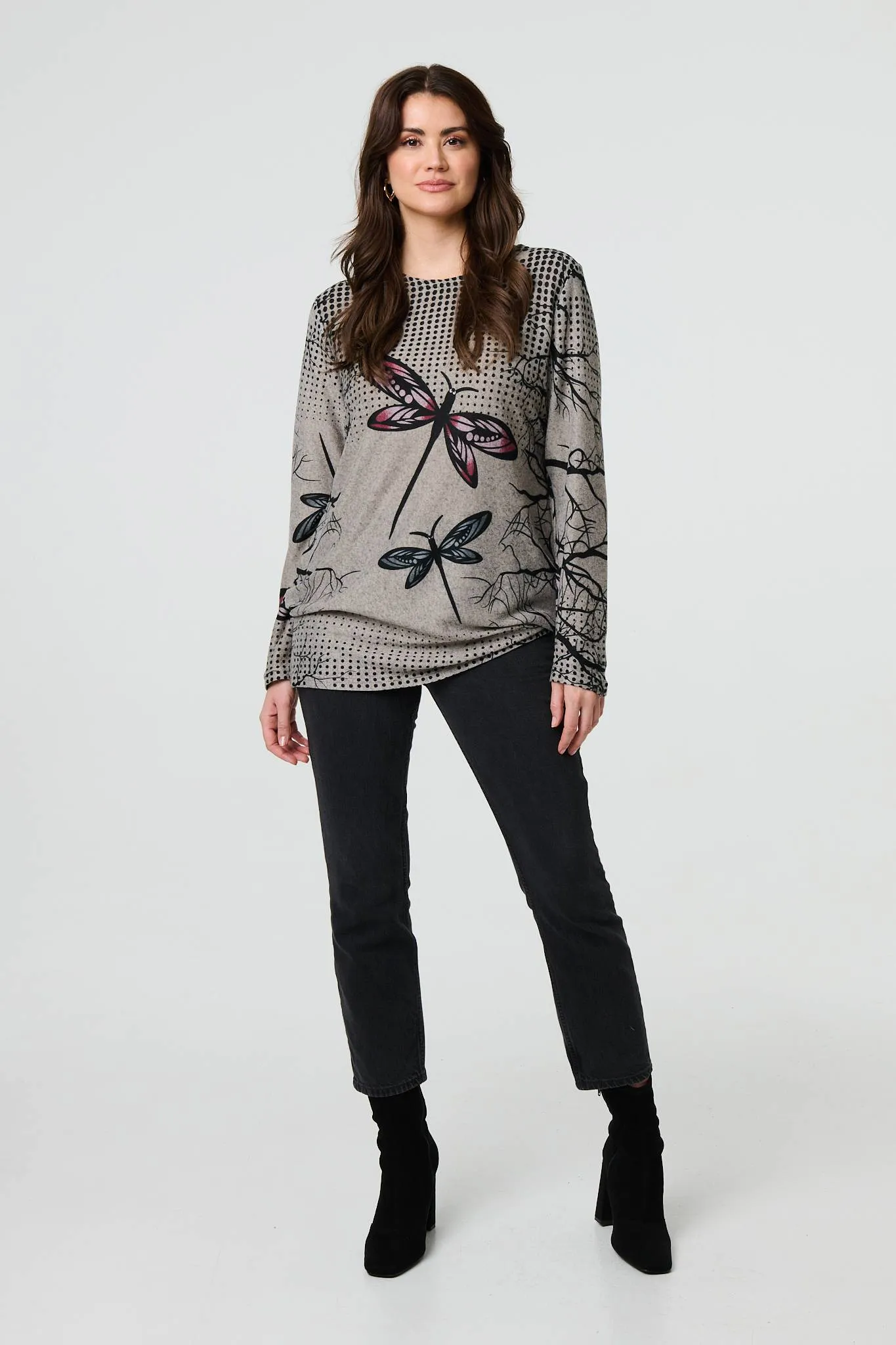 Dragonfly Print Long Sleeve Tunic Top