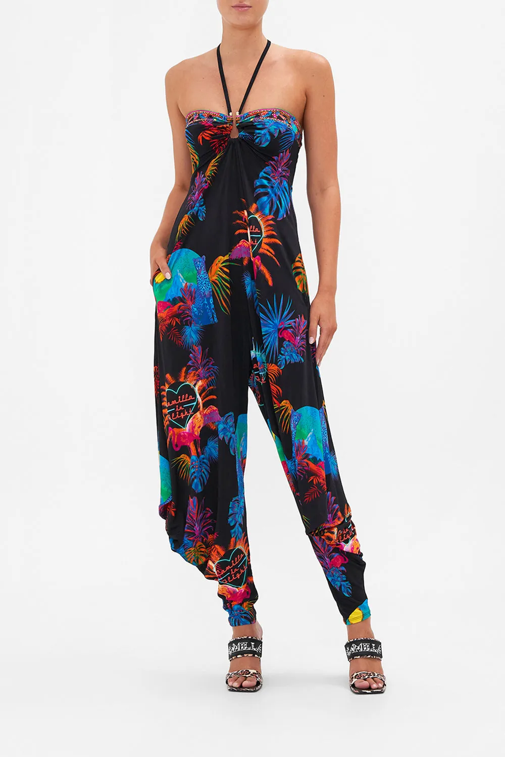 DRAPED PANT JUMPSUIT WITH HARDWARE NAUGHTY NEON