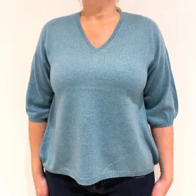 Duck Egg Blue 1/2 Sleeved Cashmere V-Neck Jumper Large