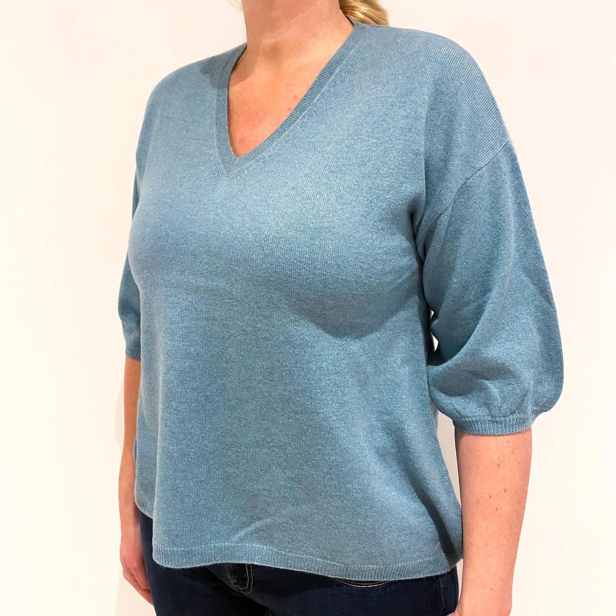 Duck Egg Blue 1/2 Sleeved Cashmere V-Neck Jumper Large