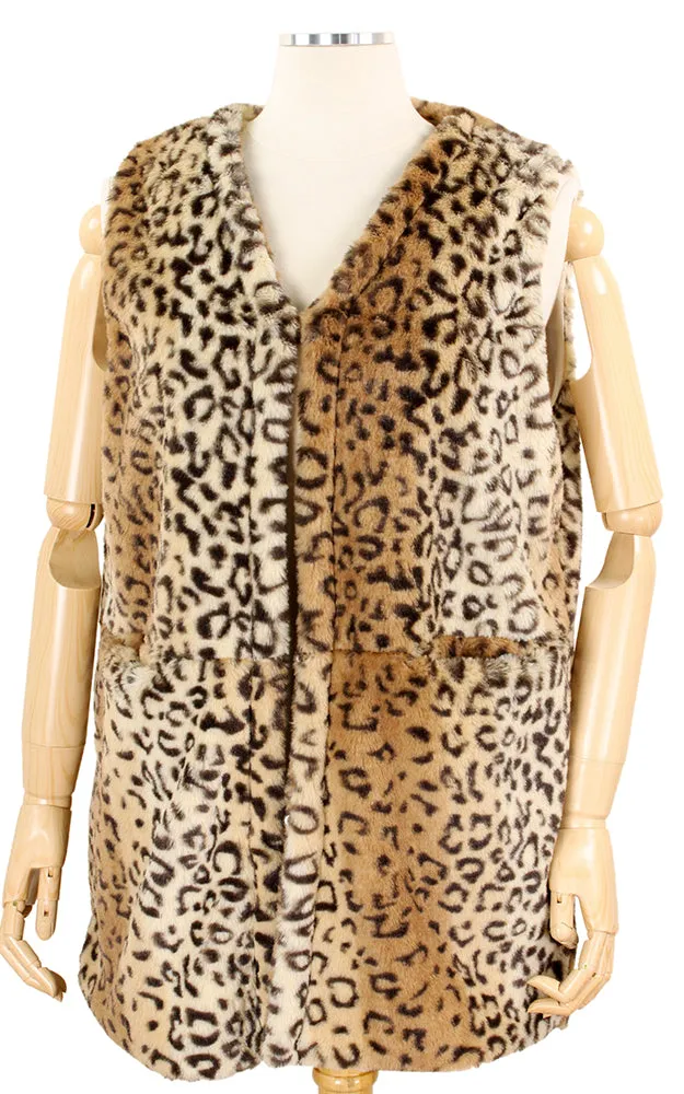 EAV9163 Brown Leopard Print Faux Fur Pocket Vest