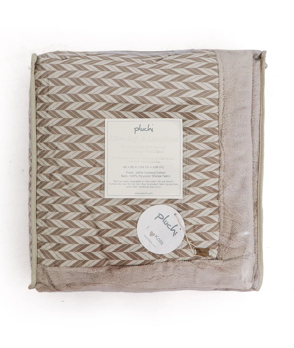 Eleanor- Stone & Natural Single Bed Cotton Knitted Blanket with Fur Back