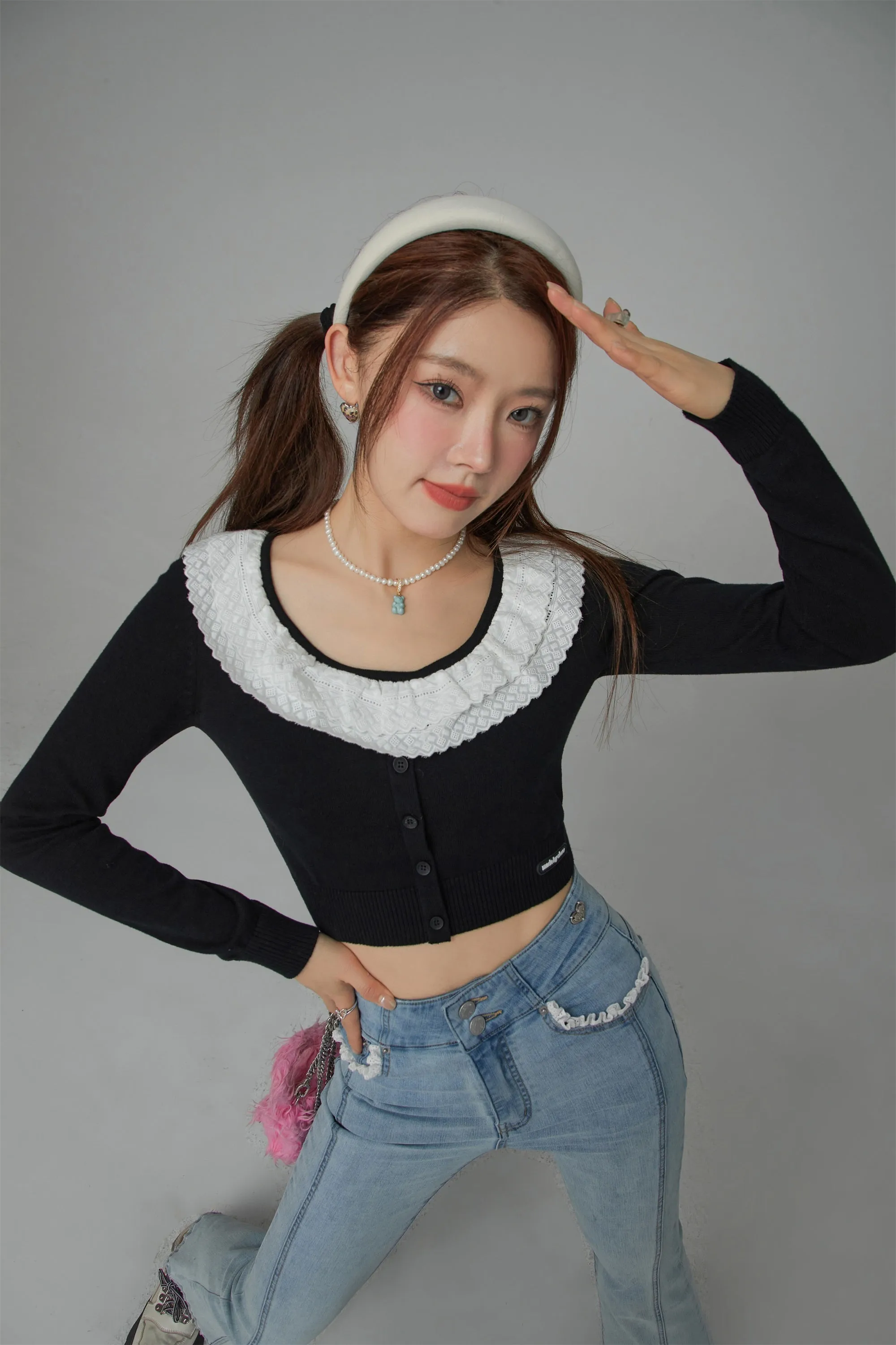 Eyelet Collar Faux Cardigan Knit Top