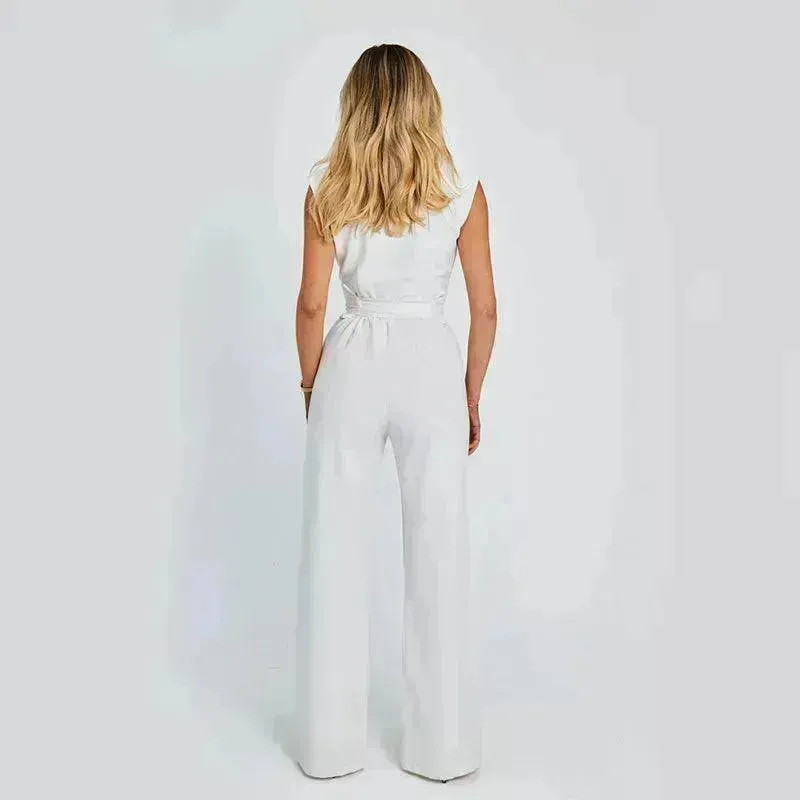 Fashion Elegant Long Sleeveless Jumpsuit Summer V-neck Casual Wide Leg Long Overalls Clothing For Women