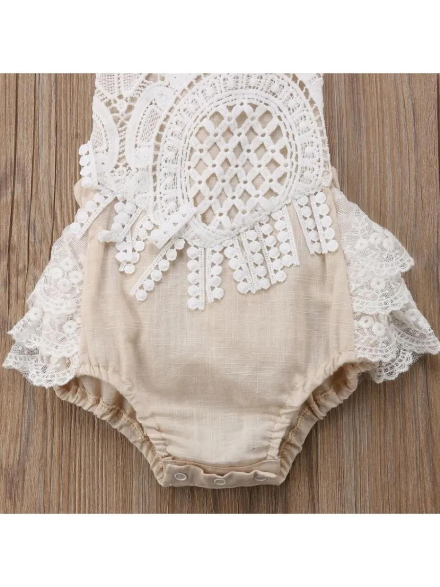 Fashion Lace Trim Tie Backless Girls Baby Romper