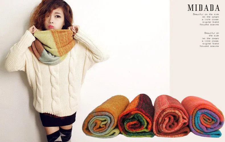 Fashion Scarf Women Multicolor Mosaic Winter Warm Long Scarf Knitted Wool Neck Scarves Wraps Thicken Shawls