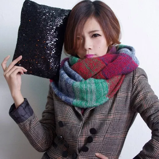 Fashion Scarf Women Multicolor Mosaic Winter Warm Long Scarf Knitted Wool Neck Scarves Wraps Thicken Shawls