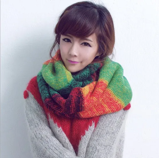 Fashion Scarf Women Multicolor Mosaic Winter Warm Long Scarf Knitted Wool Neck Scarves Wraps Thicken Shawls