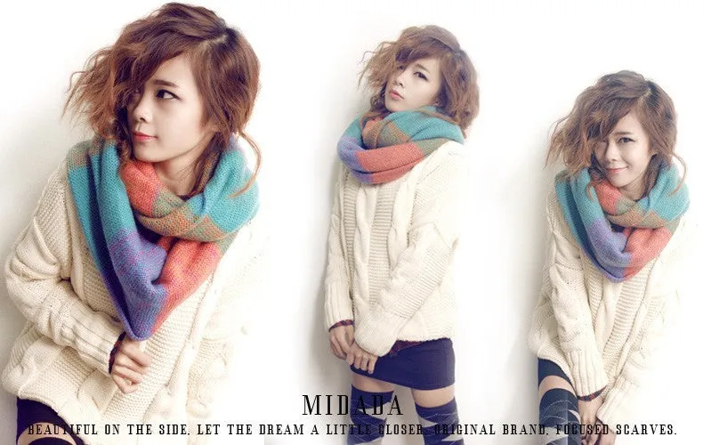 Fashion Scarf Women Multicolor Mosaic Winter Warm Long Scarf Knitted Wool Neck Scarves Wraps Thicken Shawls