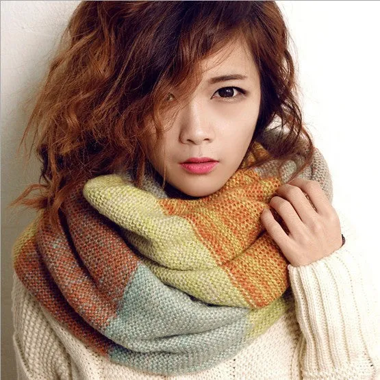 Fashion Scarf Women Multicolor Mosaic Winter Warm Long Scarf Knitted Wool Neck Scarves Wraps Thicken Shawls