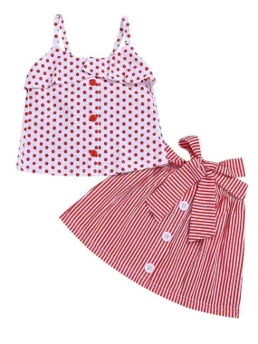 Fashion Toddler Girl Clothes Red Polka Dots Suspender Top Bow Stripe Skirt Outfit Sets 2-Piece