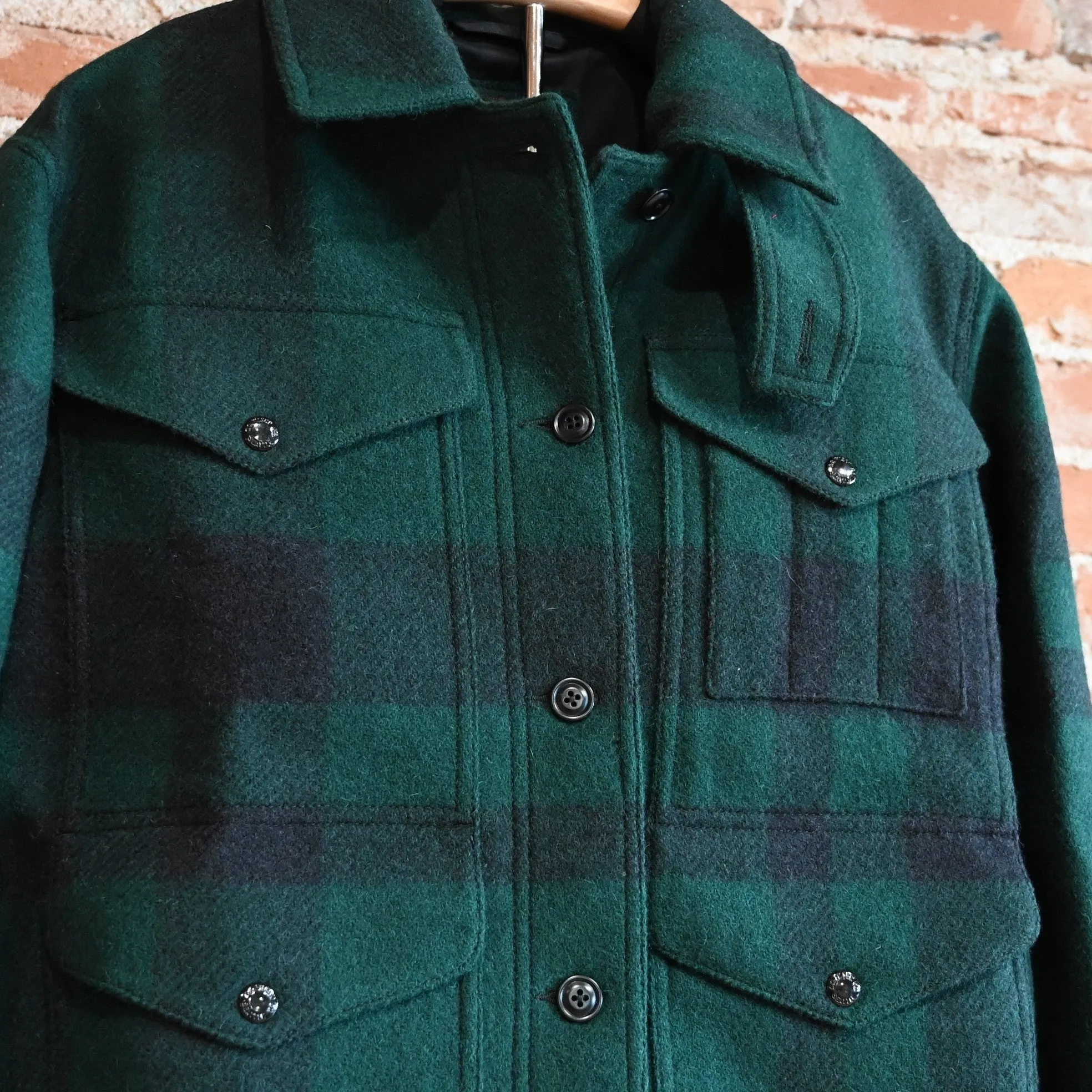 Filson Women's Wool Long Cruiser Coat in Otter Green and Black Plaid