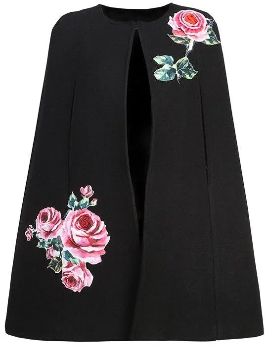 Floral-Applique Wool-Blend Cape Coat