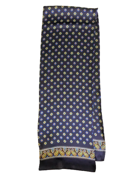 Flower Paisley Navy Blue 100% Silk Scarf 157 x 27 cm