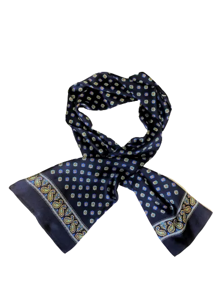 Flower Paisley Navy Blue 100% Silk Scarf 157 x 27 cm