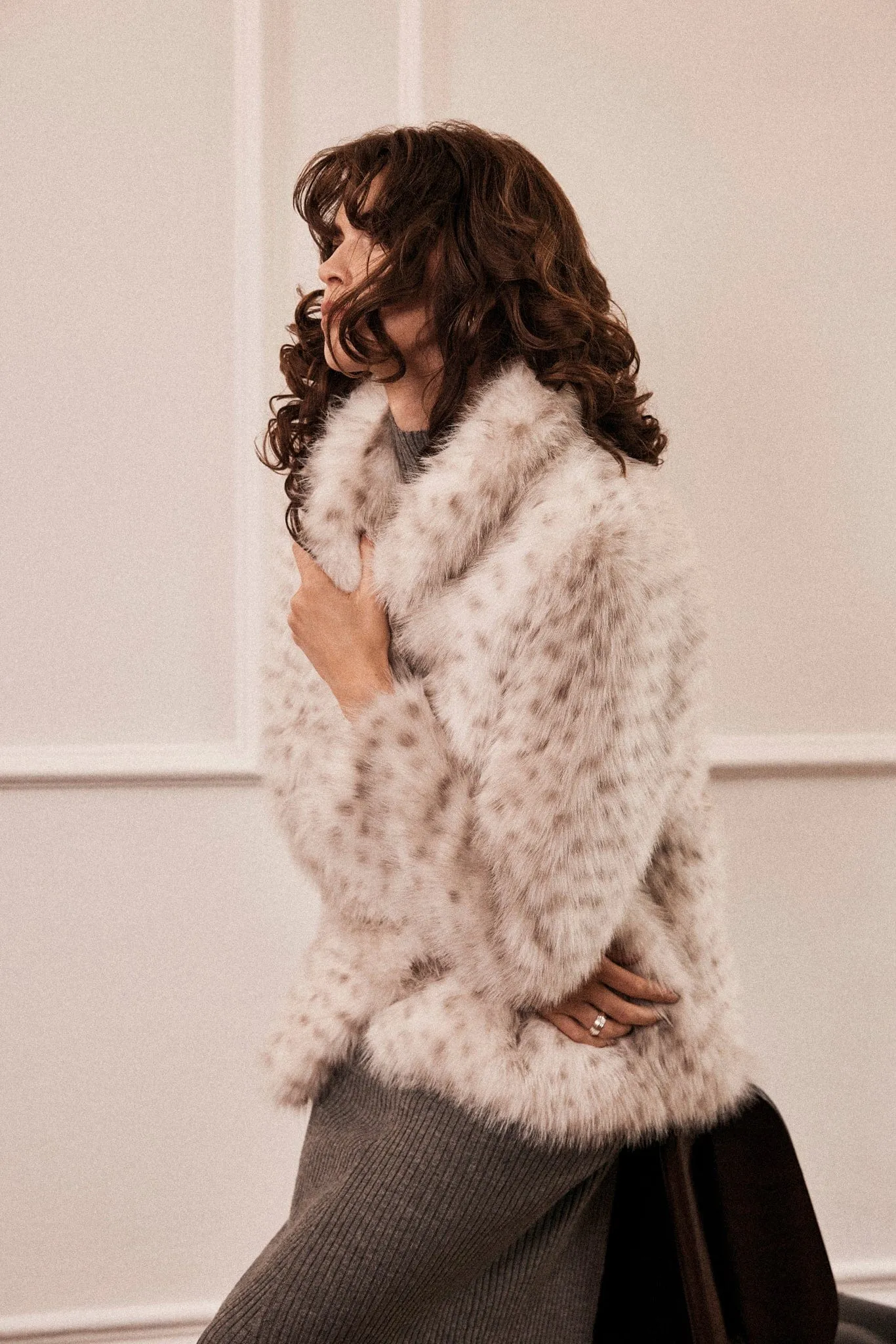 Freya Vegan Faux Fur Coat | Snow Leopard Grey