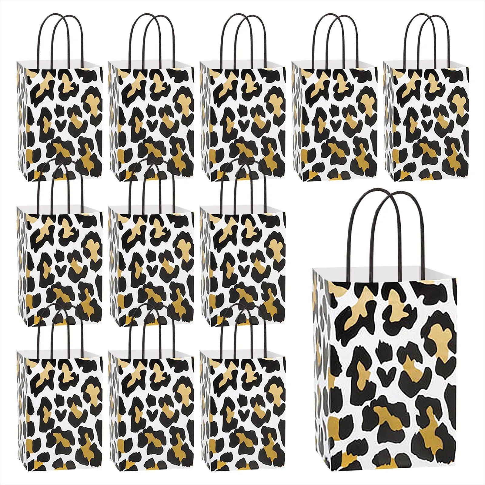 Golden Leopard Print Paper Gift Bags and Party Favor Bags, Small 5.25x3.5x8.25" (12 Pack)