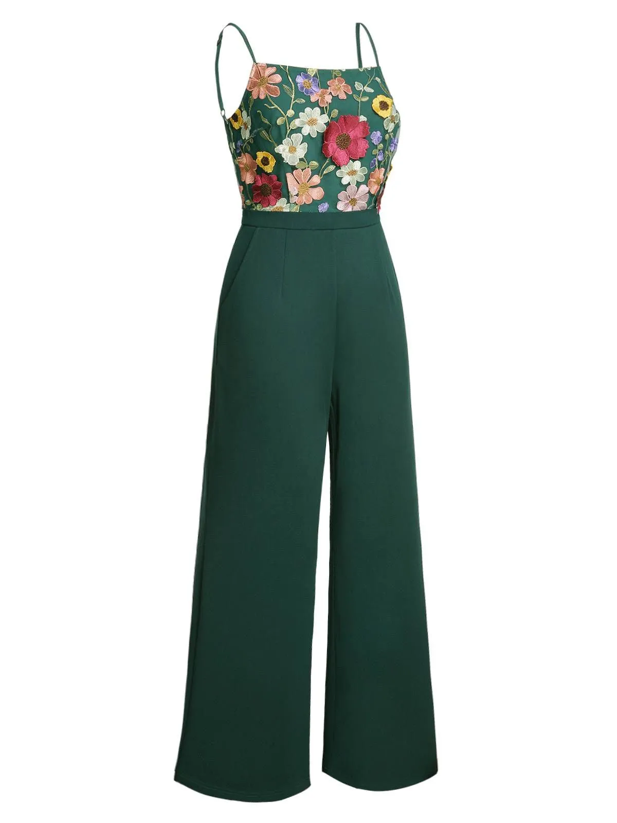 Green 1930s 3D Floral Strap Patchwork Jumpsuit