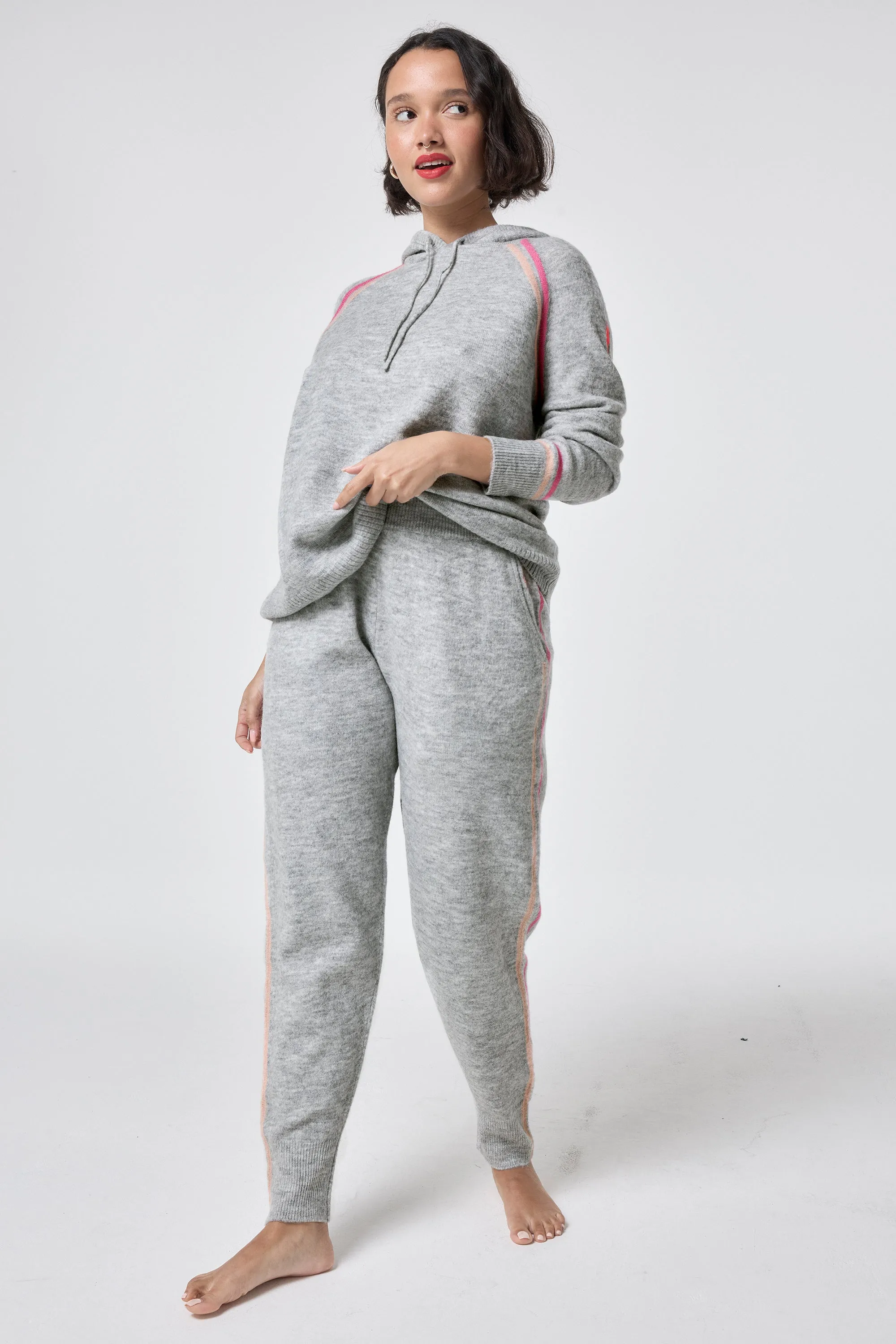 Grey with Peach and Pink Stripe Knitted Lounge Wear Hoodie