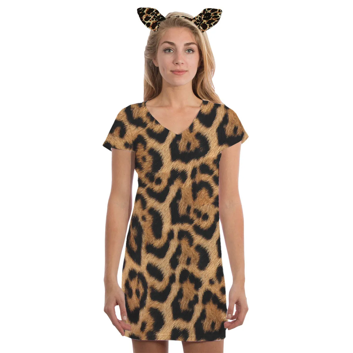 Halloween Costume Leopard Pattern All Over Juniors Beach Cover-Up Costume Dress with Leopard Ears Headband