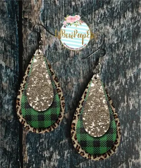 Hardboard earrings layered Green Plaid Glitter