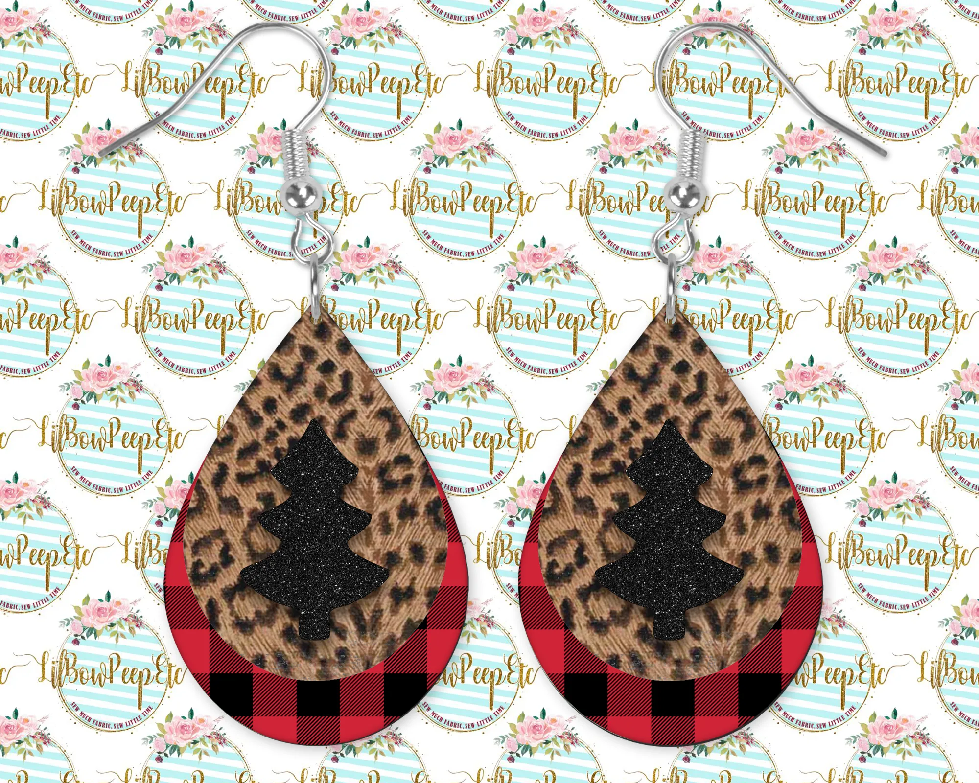 Hardboard Earrings Layered Leopard Print With Buffalo Plaid Tree