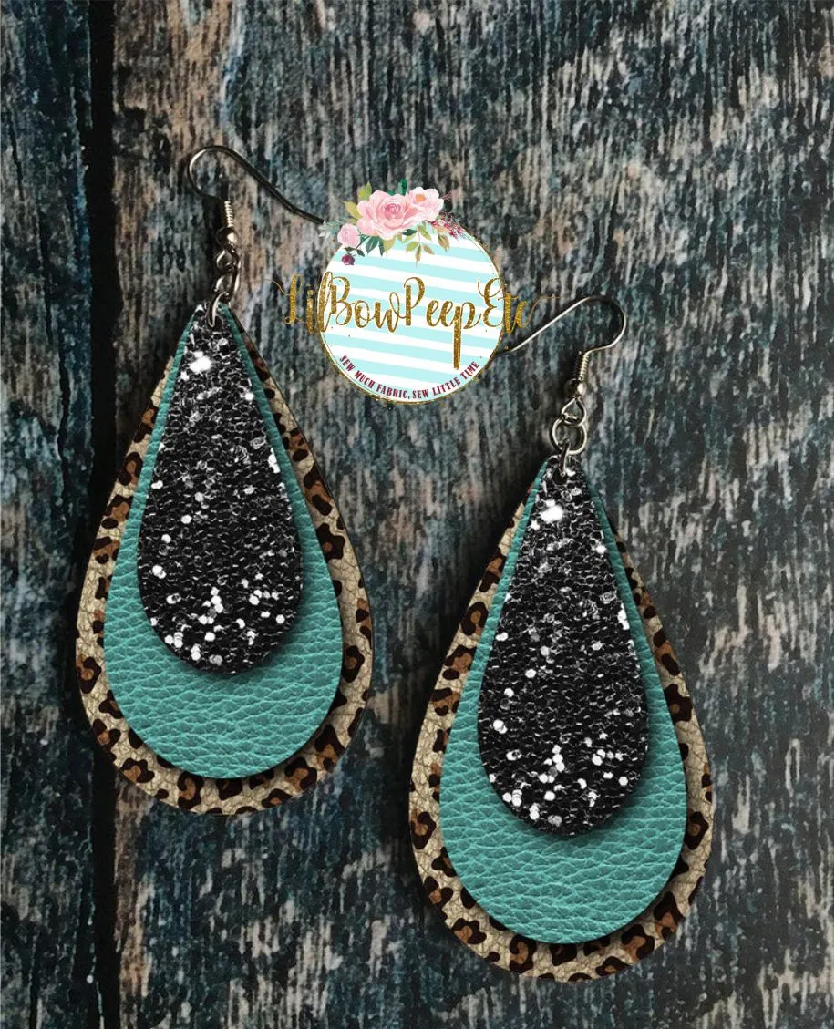 Hardboard earrings layered Teal Glitter Leopard