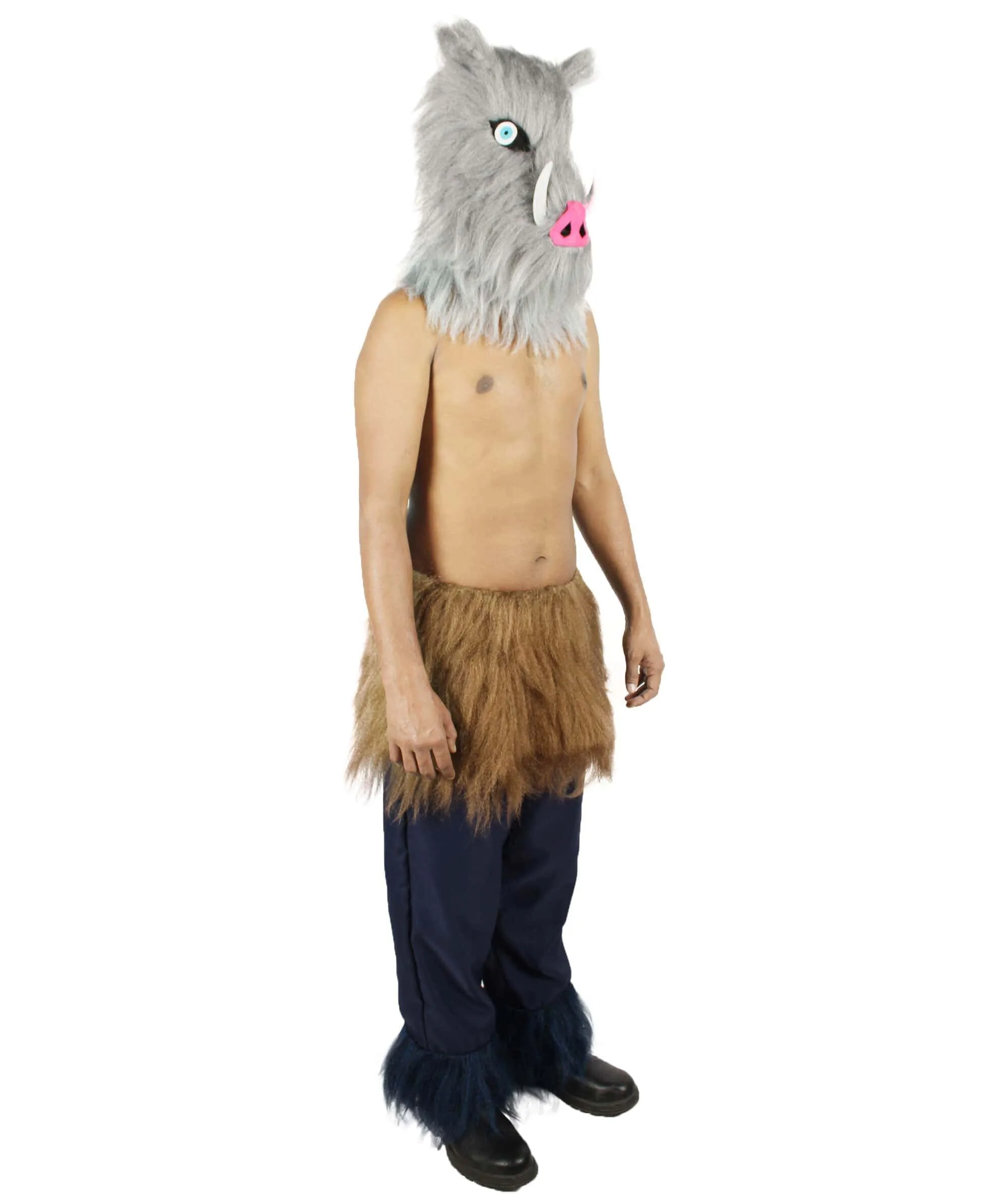 HPO Adult Men's Japanese Anime Demon Beast Fighter Cosplay Bundle Fluffy Boar's Head Mask with Pants and Waist Fur