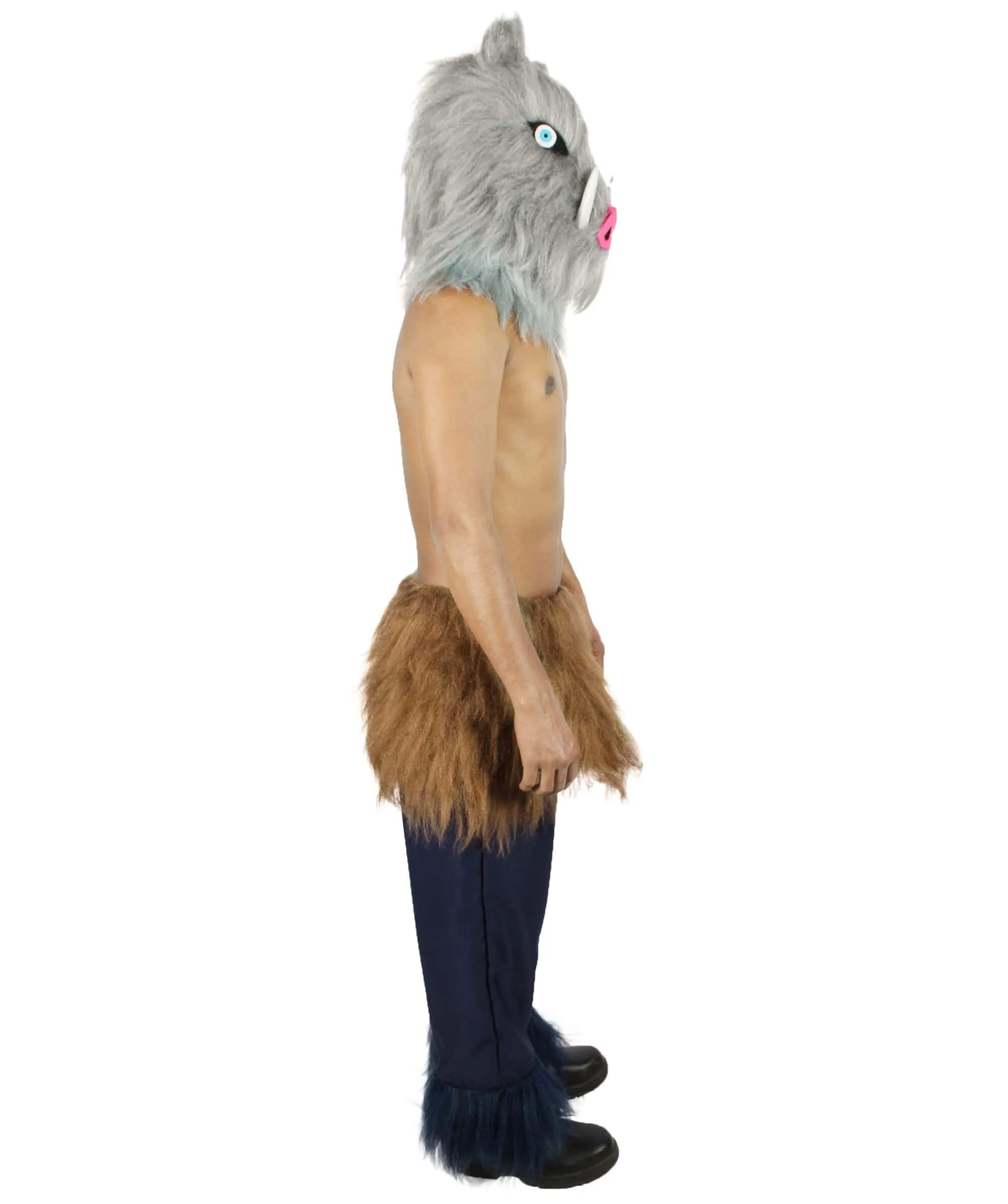 HPO Adult Men's Japanese Anime Demon Beast Fighter Cosplay Bundle Fluffy Boar's Head Mask with Pants and Waist Fur