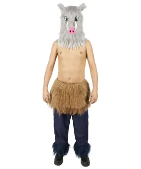 HPO Adult Men's Japanese Anime Demon Beast Fighter Cosplay Bundle Fluffy Boar's Head Mask with Pants and Waist Fur