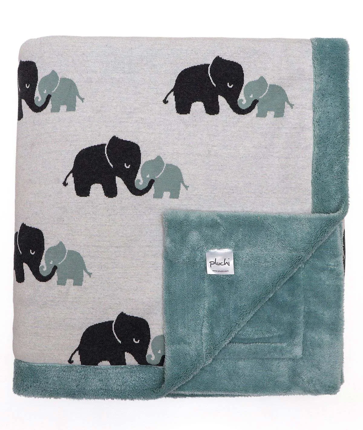 Indian Elephant -Ivory & Indus Blue Color Cotton Knitted Blanket with Faux Fur Back for Kids